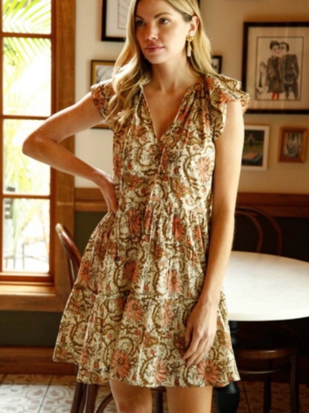 Anna Cate Aimee Floral Block Print Flutter Sleeve Mini Swing Dress Size M